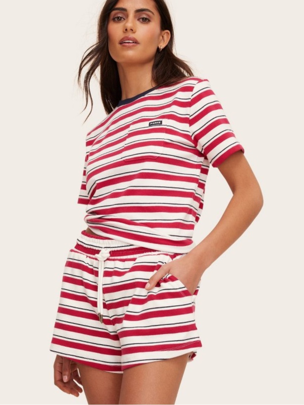 Women’s HIGH RISE Drawstring pull on shorts red / navy STRIPED - Picture 5 of 5